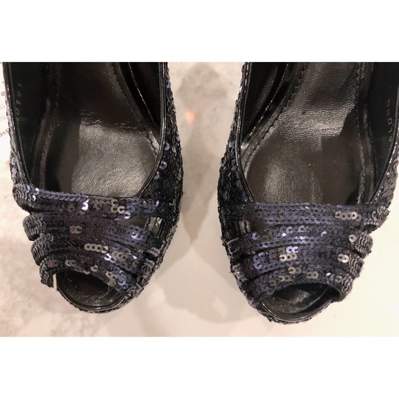 LOUIS VUITTON Dark Midnight Blue Sequin Glitter Sparkle Peep Toe Platform Pumps - Picture 5 of 17